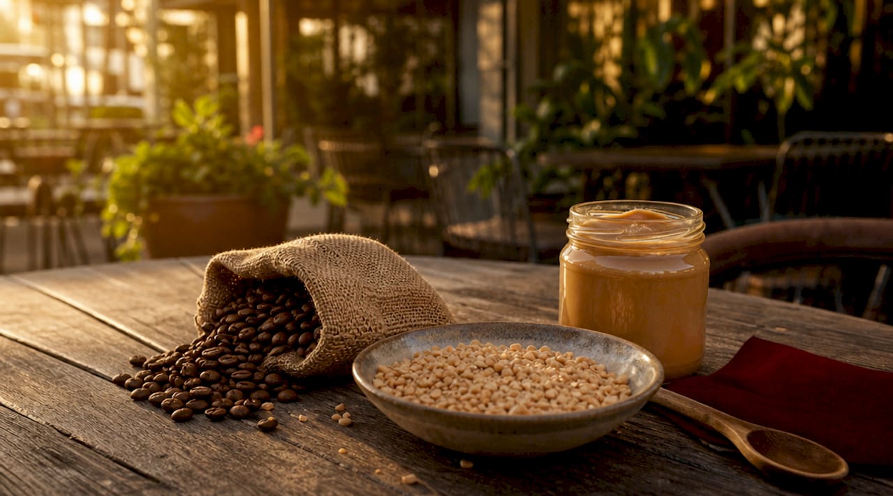 Close-up of coffee beans and peanut butter ingredients