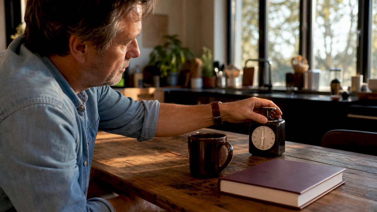 Hand pressing timer next to coffee and book