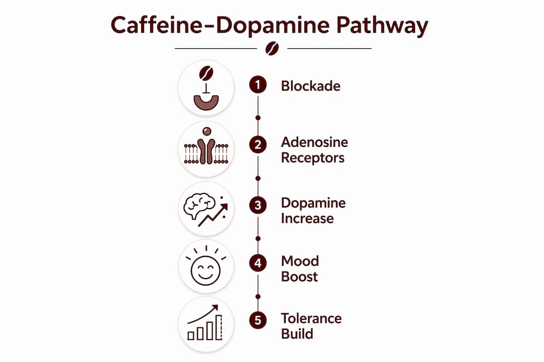 Infographic showing caffeine interaction with dopamine steps