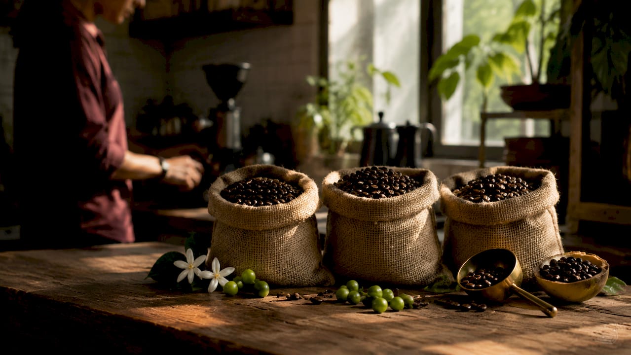 Flat lay of three coffee bean origins with props