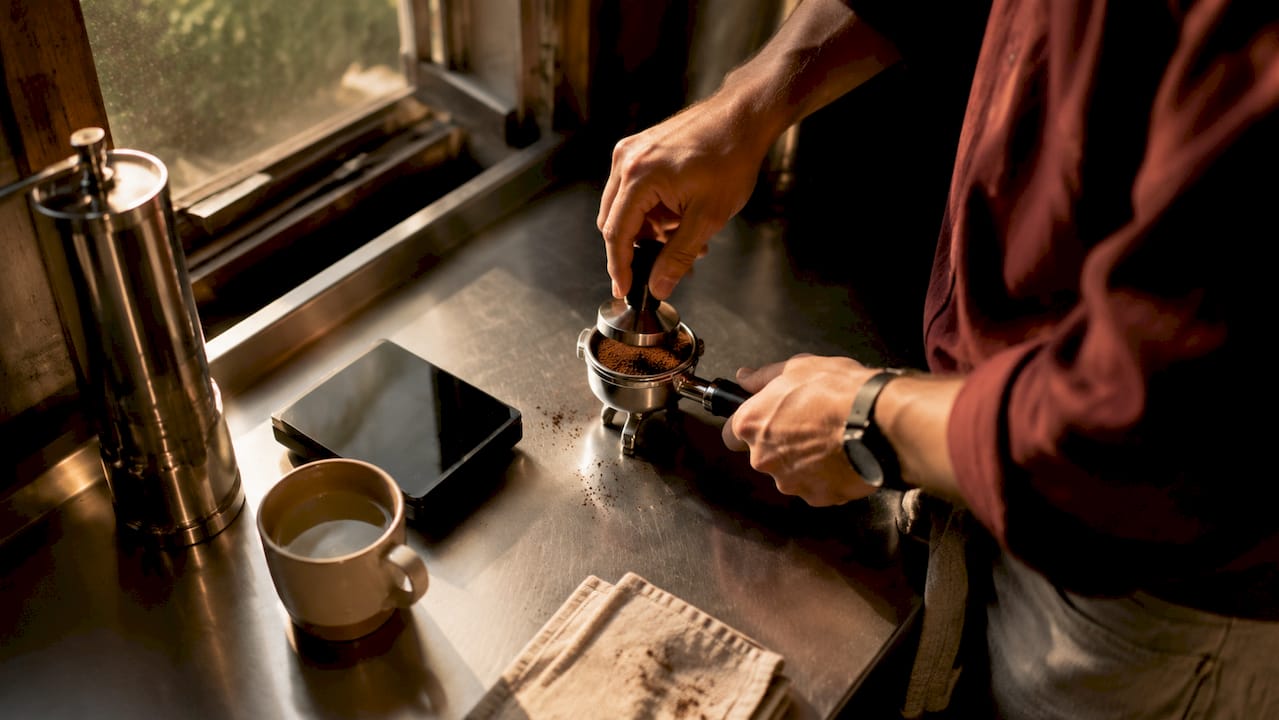 Hands tamping coffee grounds for espresso brewing