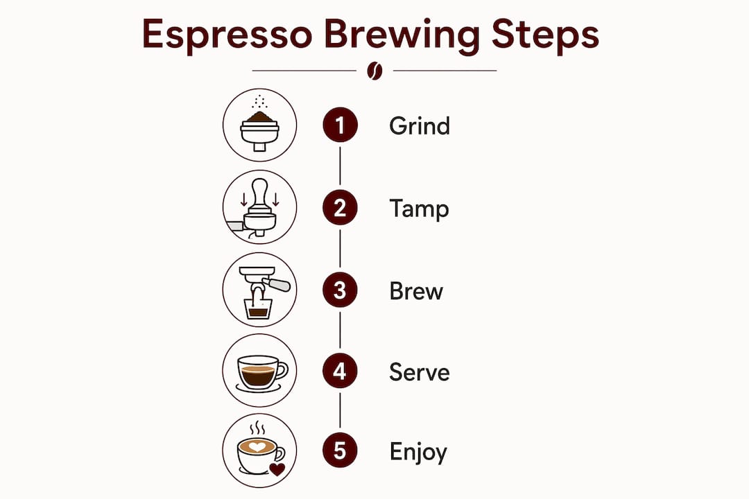 Infographic showing step-by-step espresso brewing process