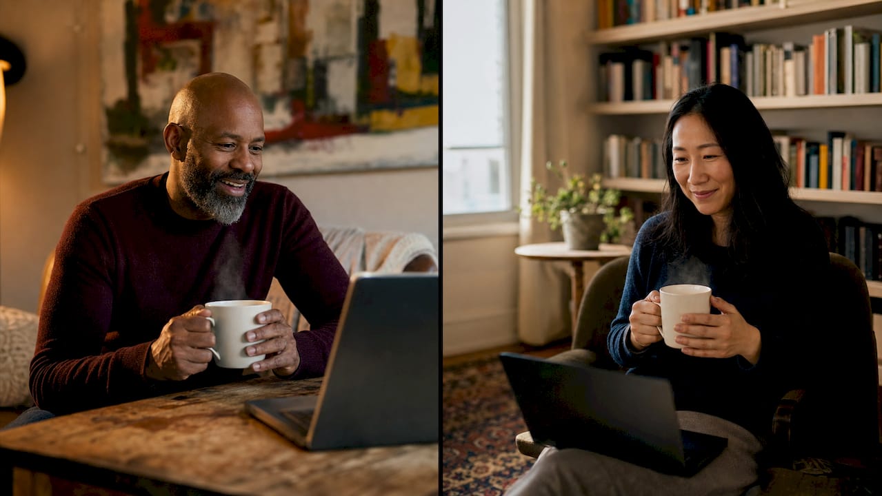 Remote workers connecting over virtual coffee break video call