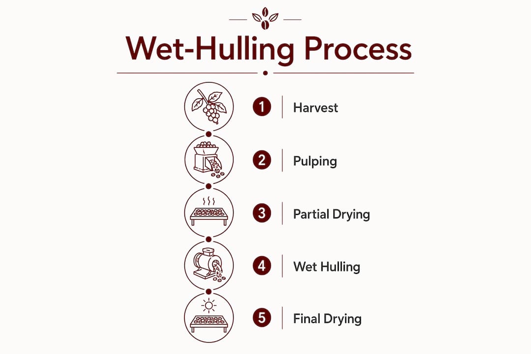 Infographic illustrating the wet-hulling process steps