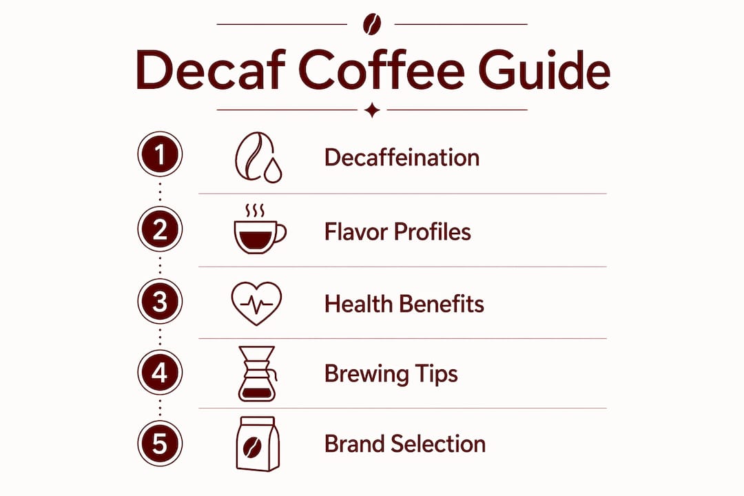 Infographic outlining decaf coffee key points and steps
