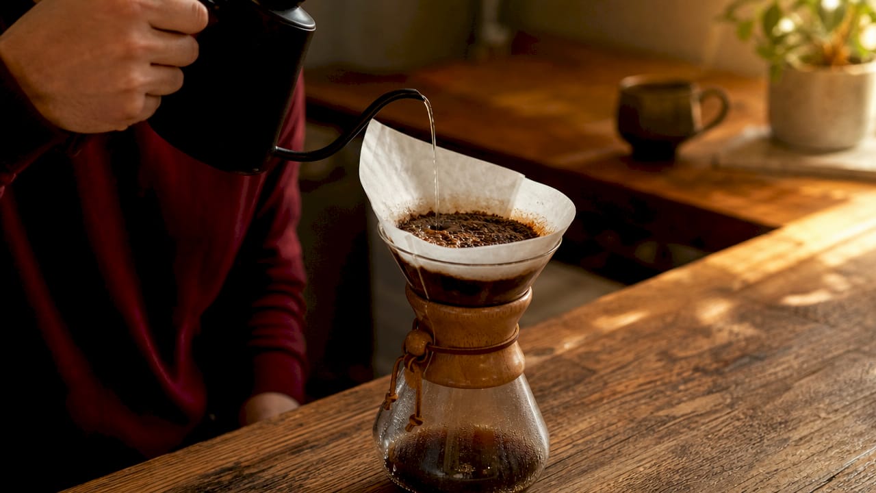 Close-up Chemex filter showing grounds and flow clogging