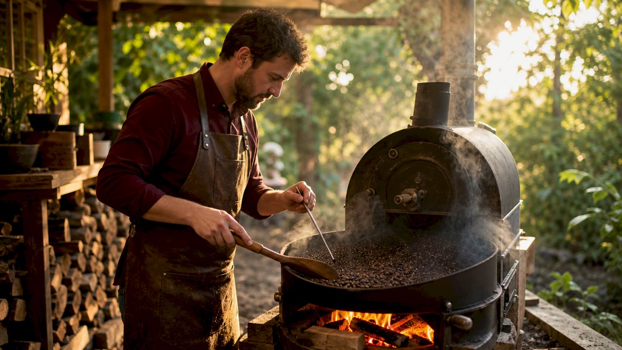 Roaster tending fire roast coffee beans over wood fire