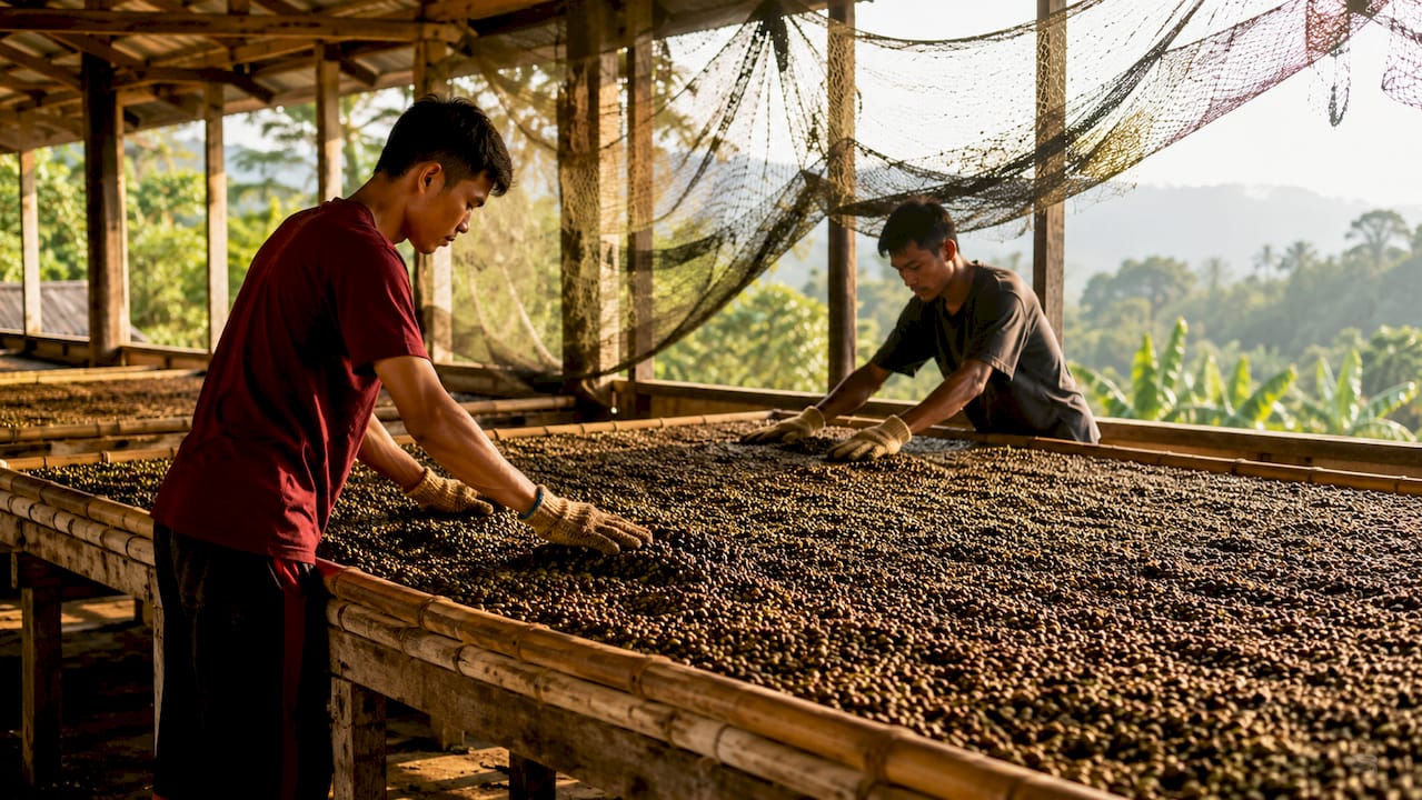 Close-up of wet-hulled Sumatra coffee beans