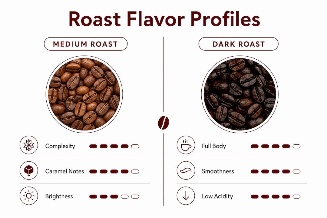 Infographic comparing medium and dark roast flavor profiles