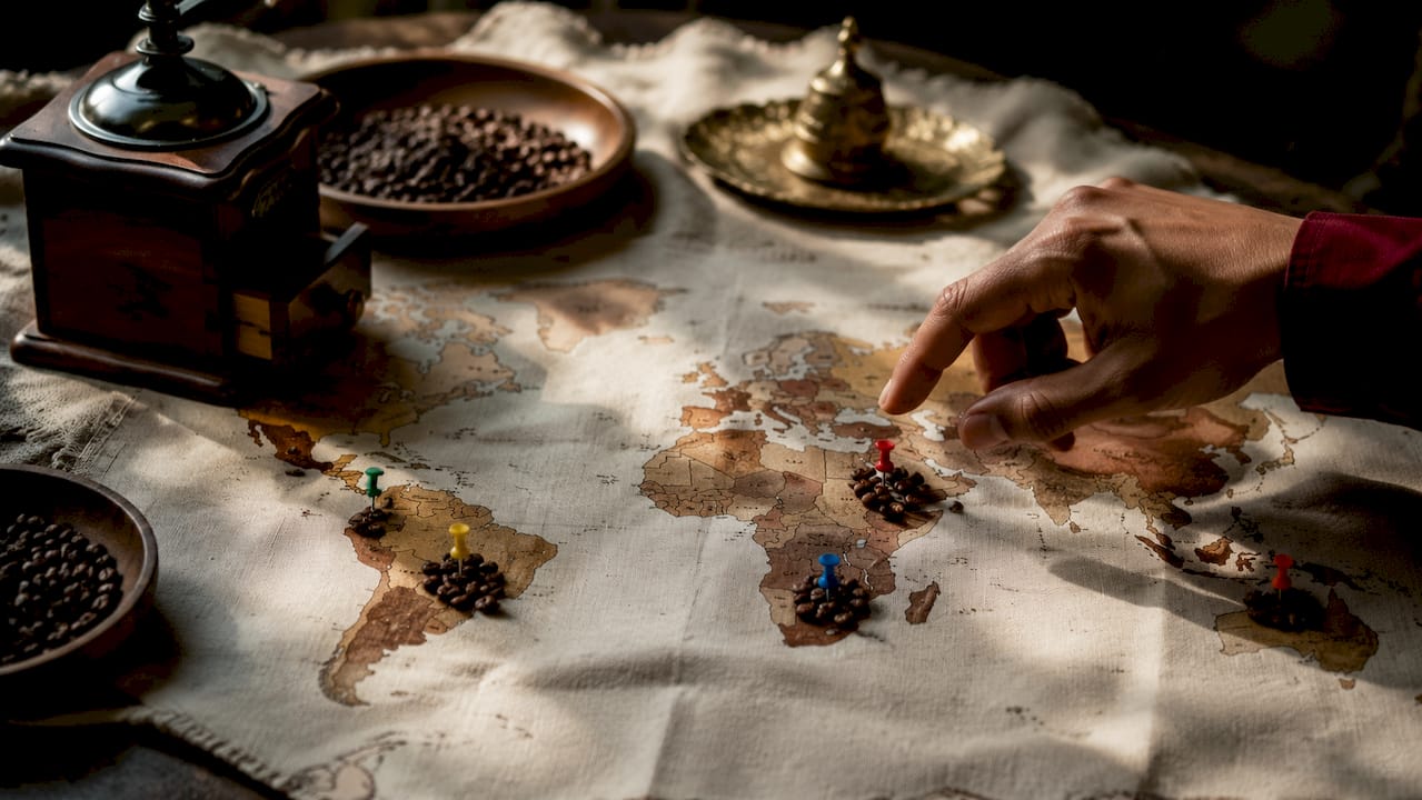 Hand pointing at coffee growing regions map with beans