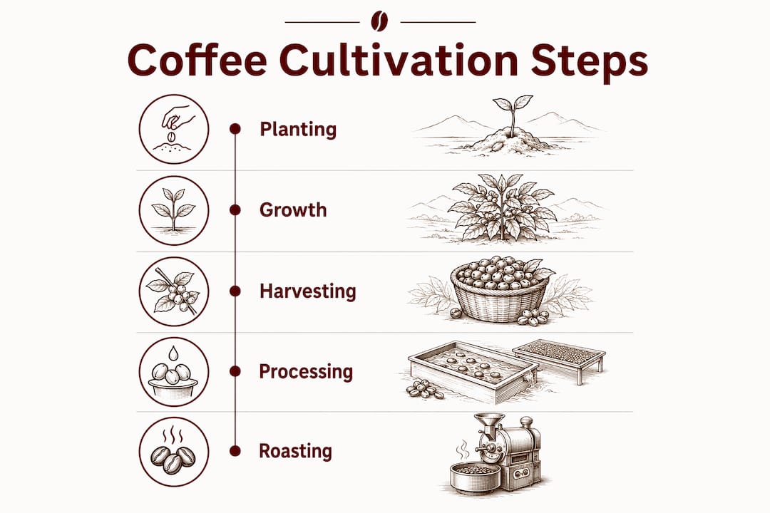 Infographic outlining coffee cultivation process steps