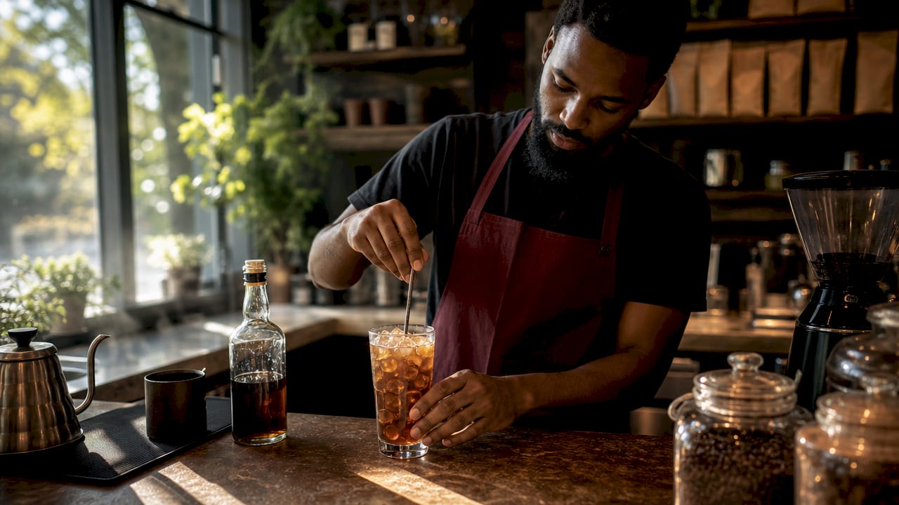 Barista pouring cold coffee over ice with Kahlua