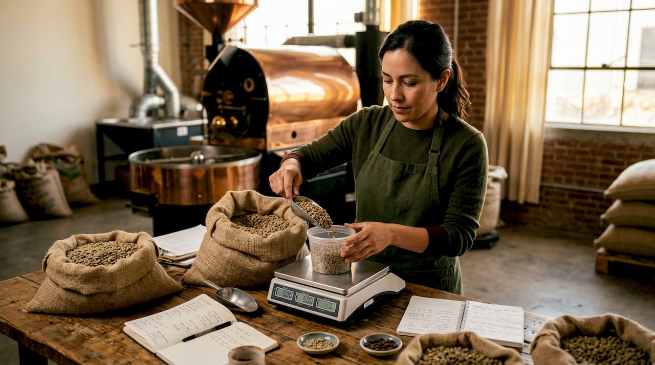 Hands weighing coffee beans for small batch roast
