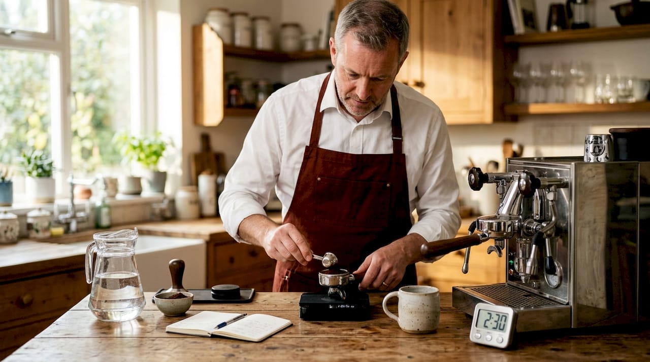 Man measuring coffee dose at office desk
