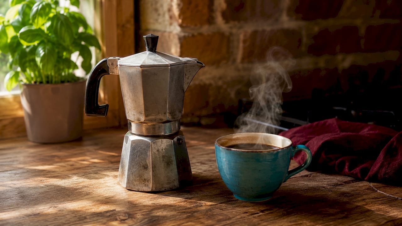 Moka pot brewing traditional Italian coffee