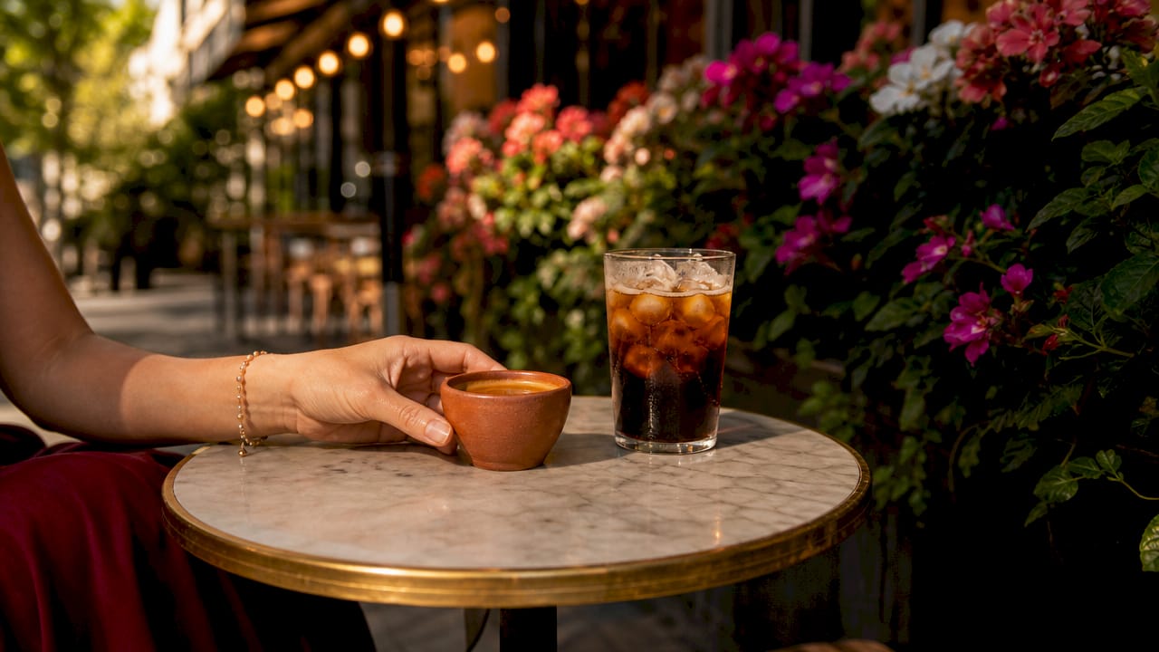 Espresso cup and glass of cold brew on table