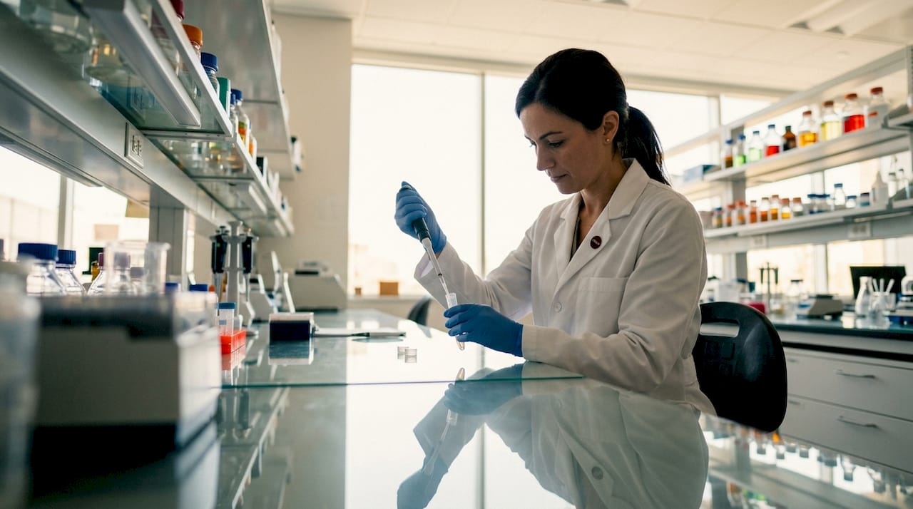 Scientist pipetting caffeine metabolism sample in lab