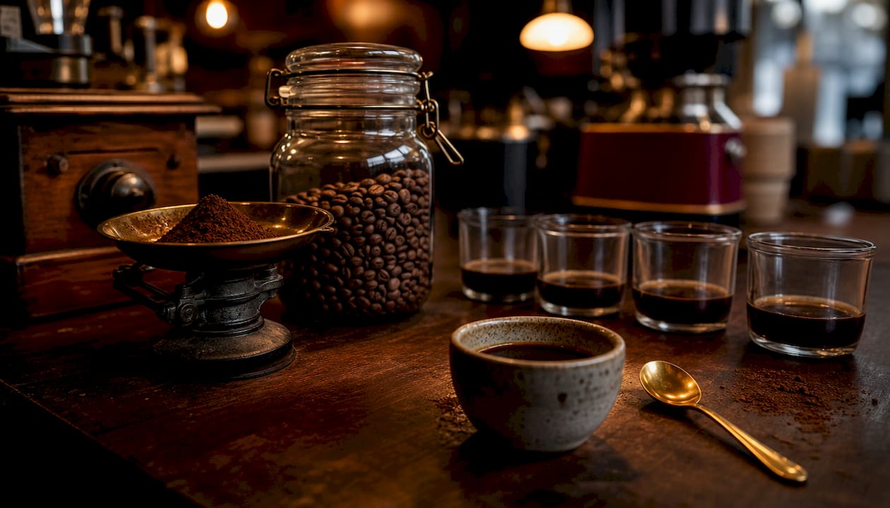 Close-up of coffee tasting tools and cup