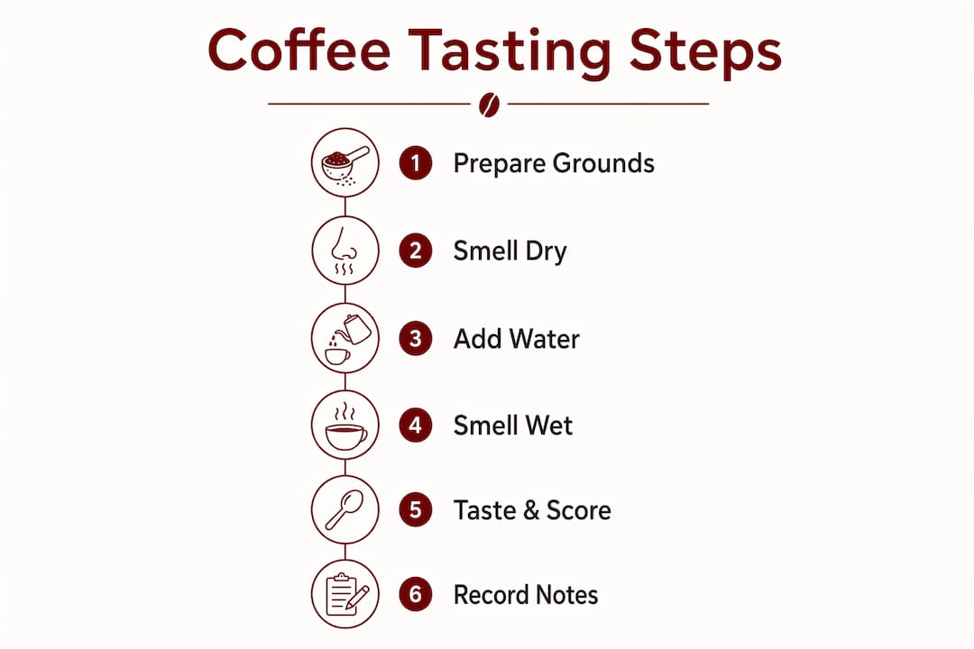 Infographic showing coffee tasting process steps from preparation to scoring