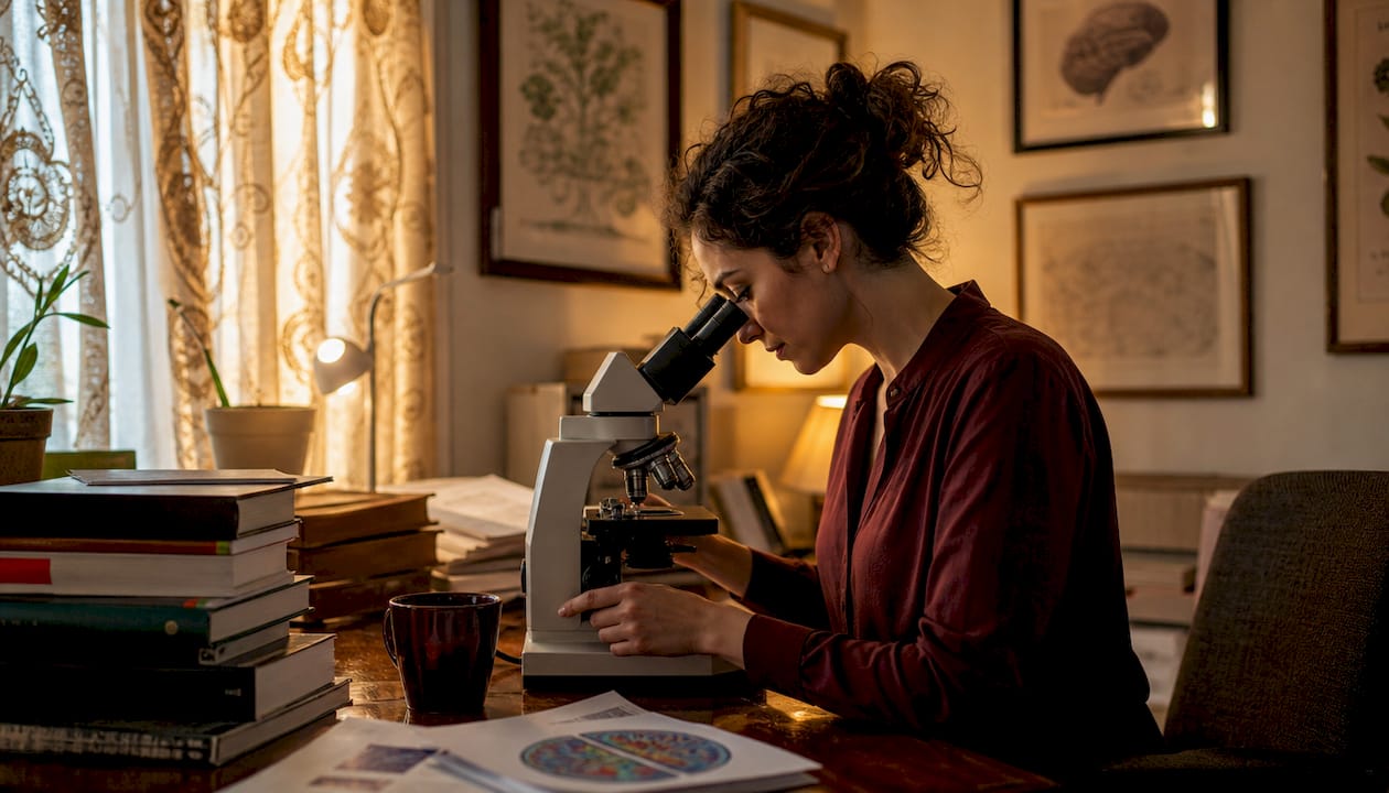 Researcher adjusting microscope in bright lab