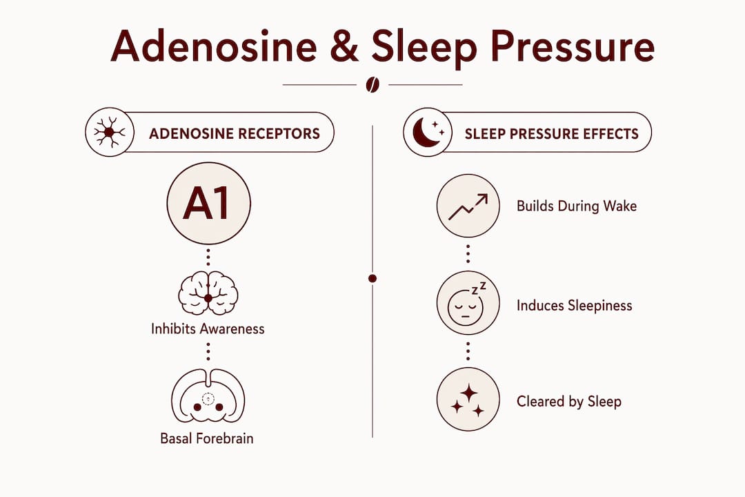 Infographic illustrating adenosine receptors and sleep pressure effects