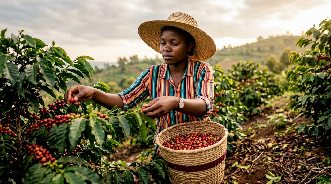 Coffee farmer harvesting ripe cherries outdoors
