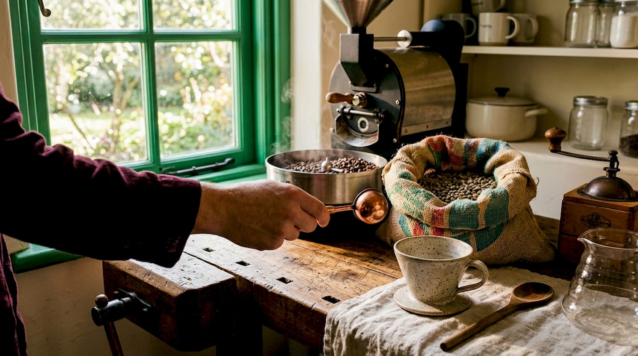Small batch coffee roaster and brewing tools close-up