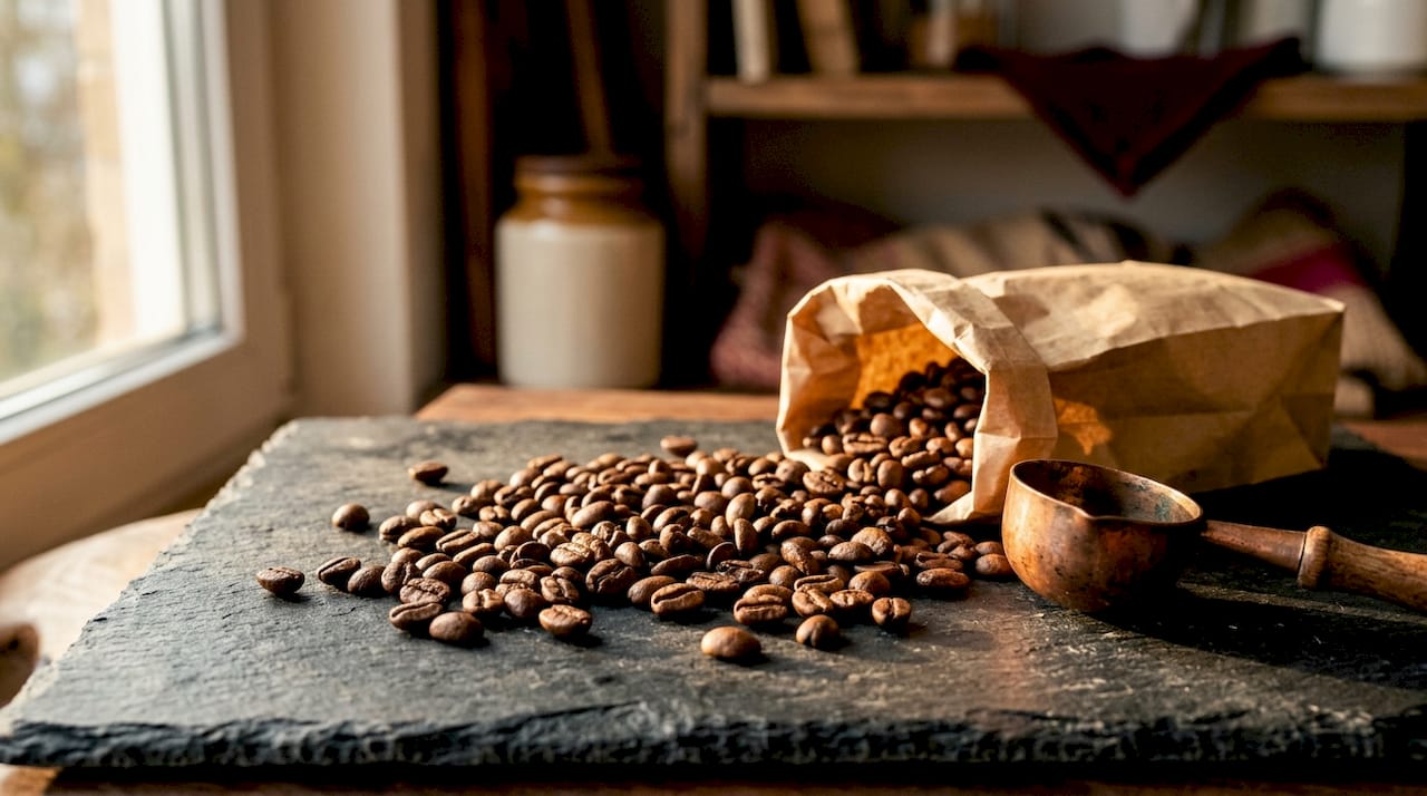 Close-up of mixed Arabica and Robusta coffee beans