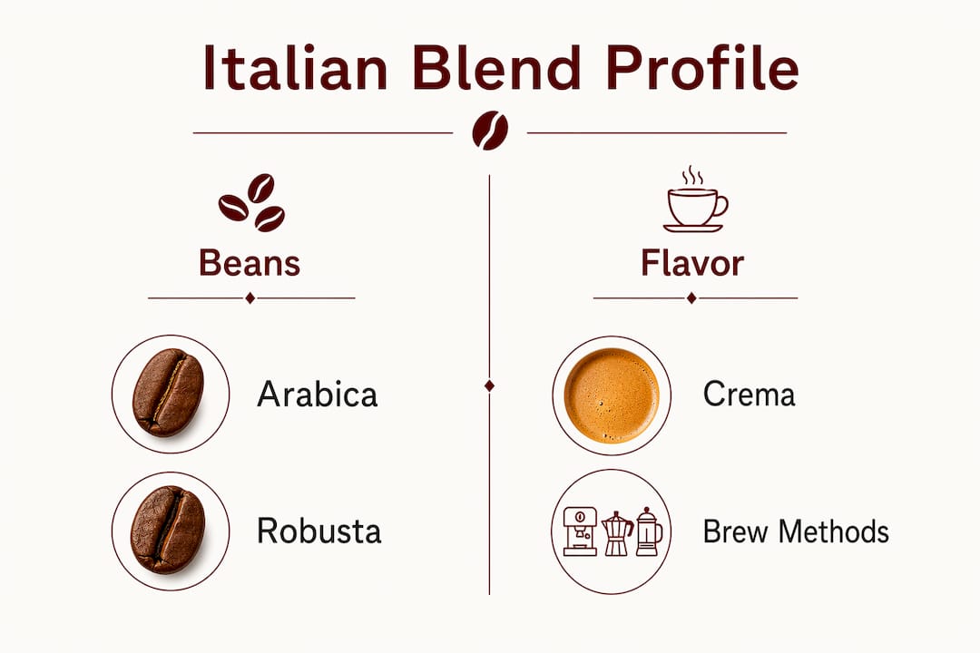 Infographic comparing beans and flavor profiles of Italian blend coffee