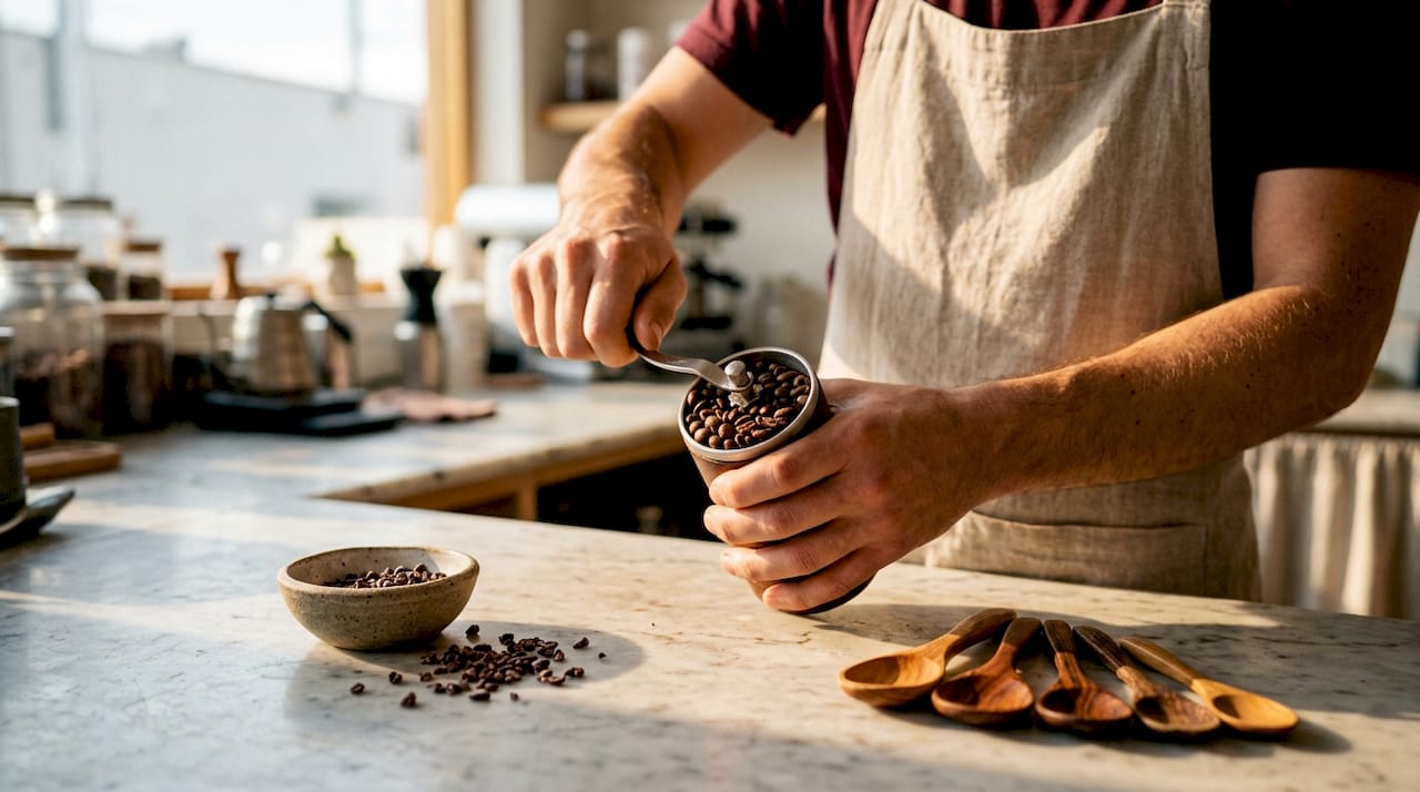 Close-up hands showing hazelnut flavored coffee beans