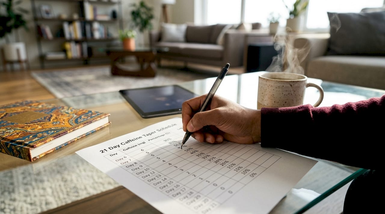 Close-up of hand marking caffeine taper schedule on desk