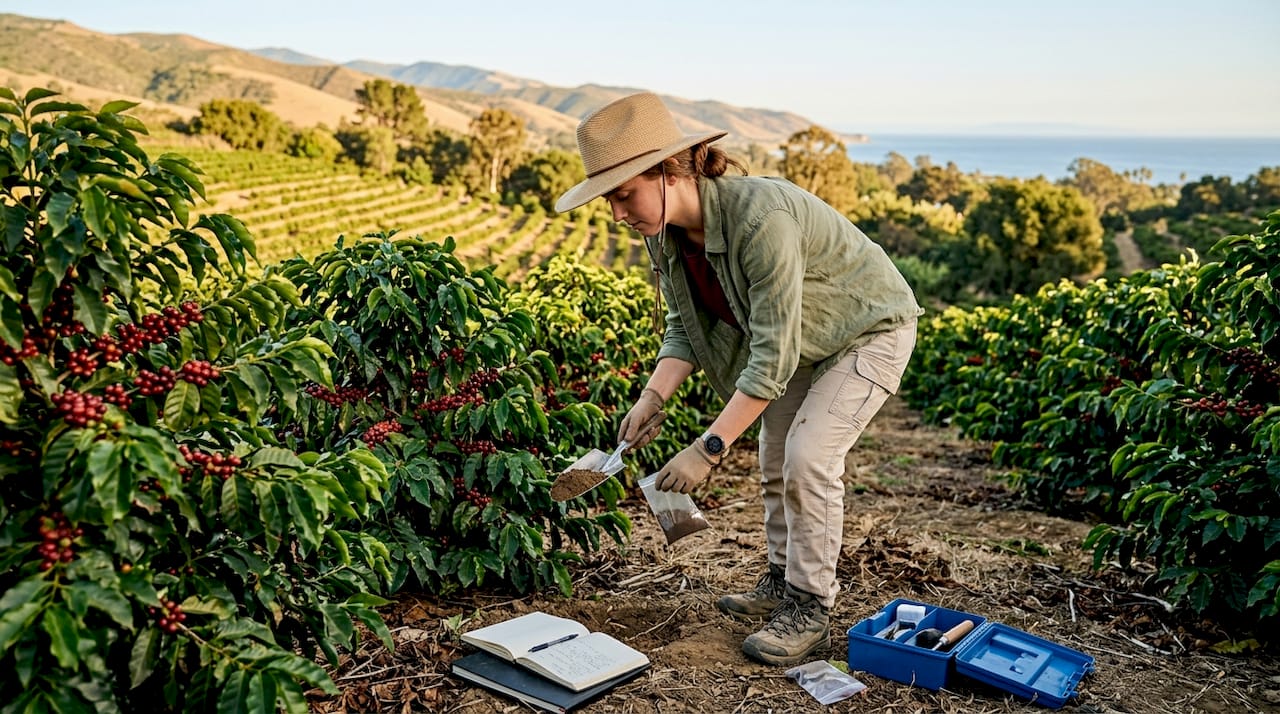 Researcher sampling soil in California coffee farm