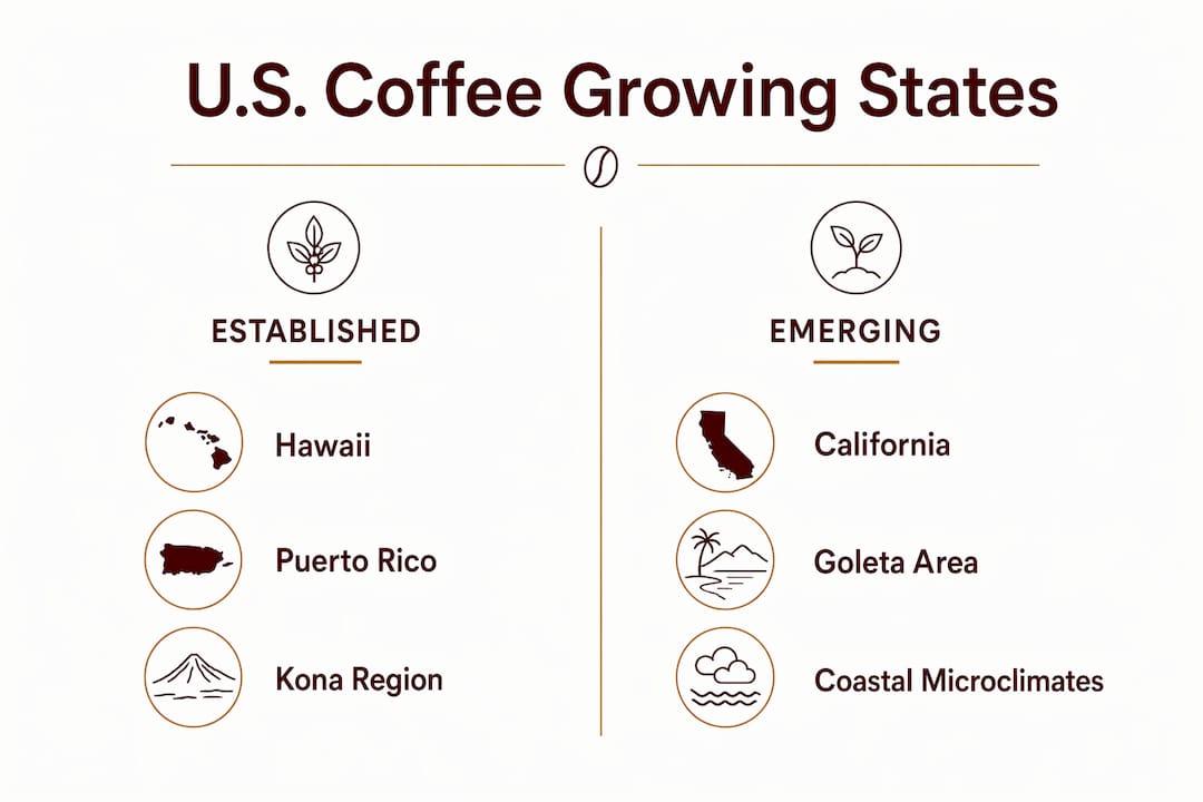 Infographic comparing established vs emerging U.S. coffee states