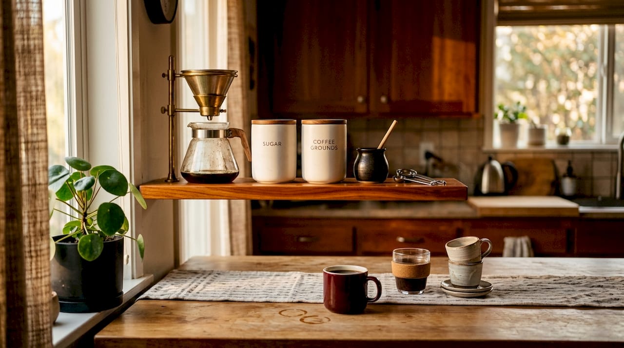 Top-down view of organized office coffee corner setup