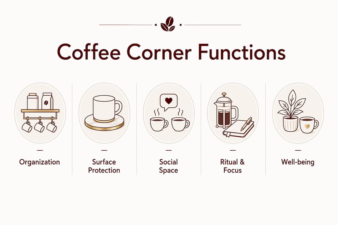 Infographic illustrating core functions of a coffee corner
