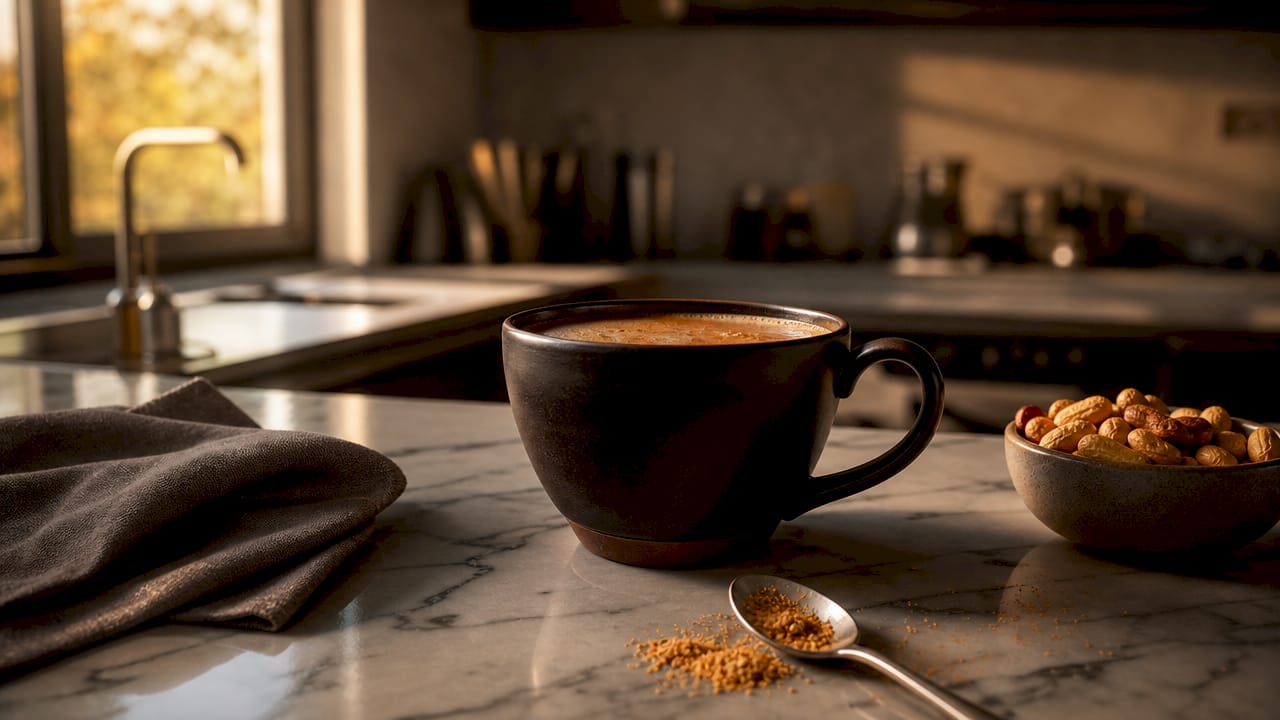 Close-up peanut coffee cup with roasted peanuts