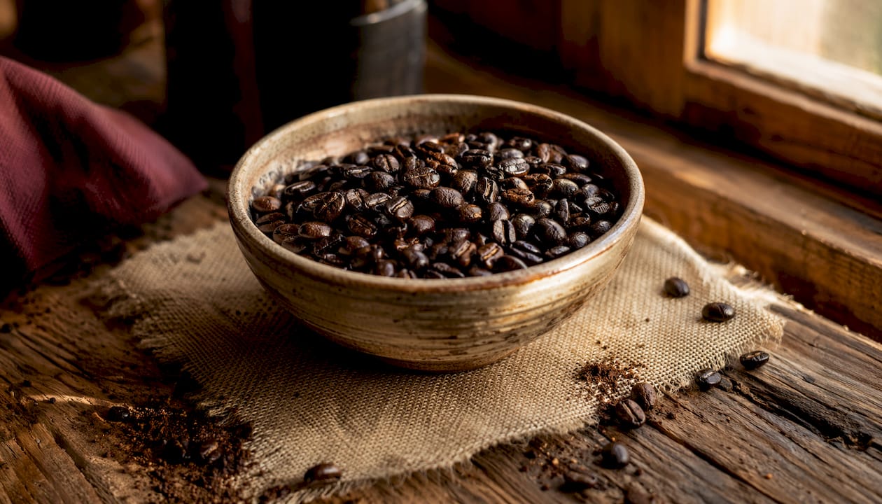 Close-up of dark roast decaf coffee beans in bowl