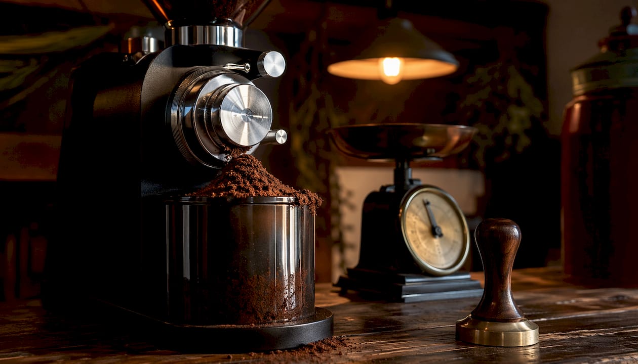 Close-up of burr grinder and fresh coffee grounds