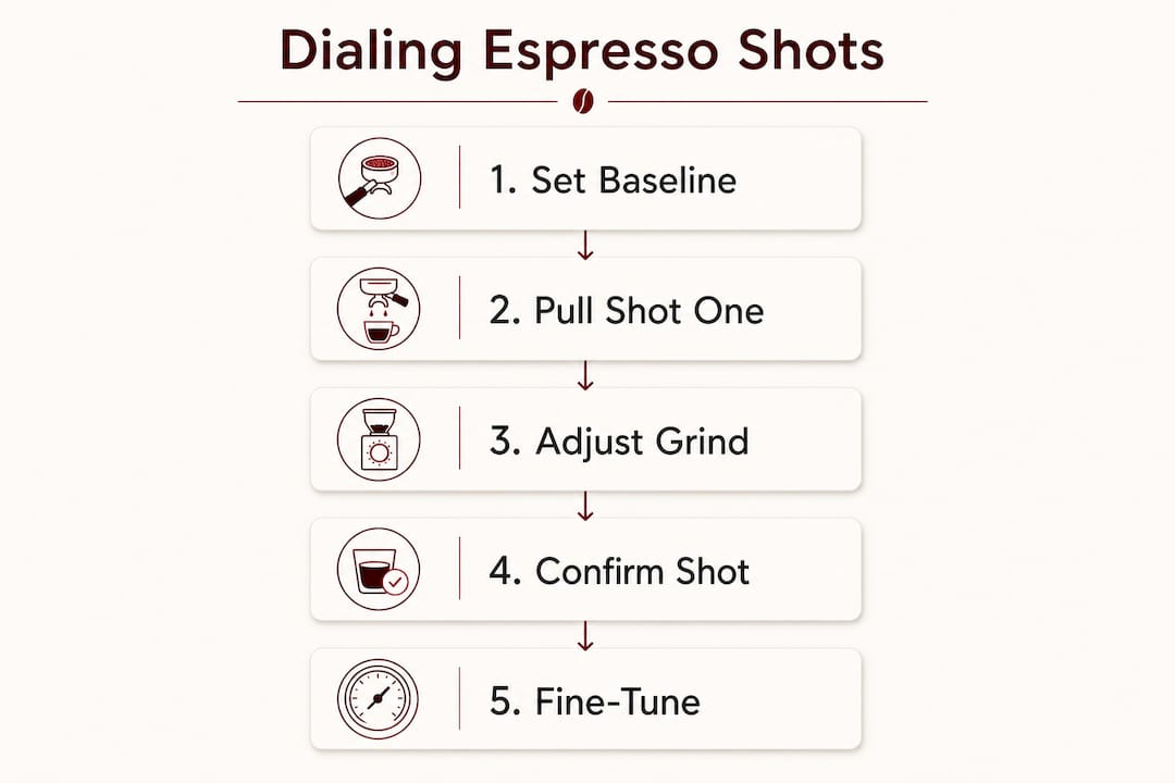 Infographic illustrating espresso dialing step-by-step process