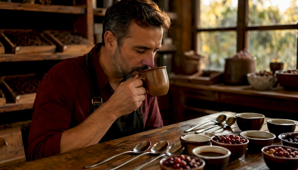 Hands holding cup for tasting coffee aroma