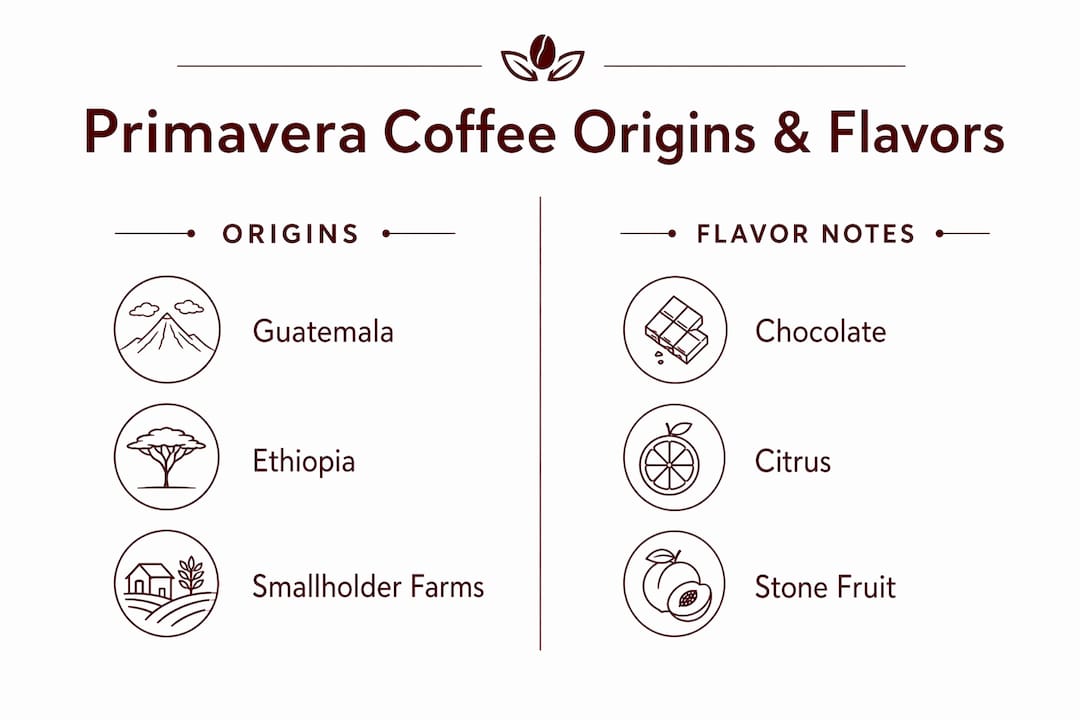 Infographic comparing origins and flavor notes of Primavera coffee