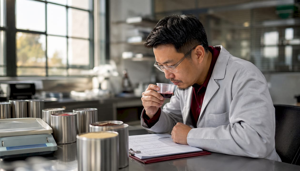 Scientist tasting black cherry flavor powder sample