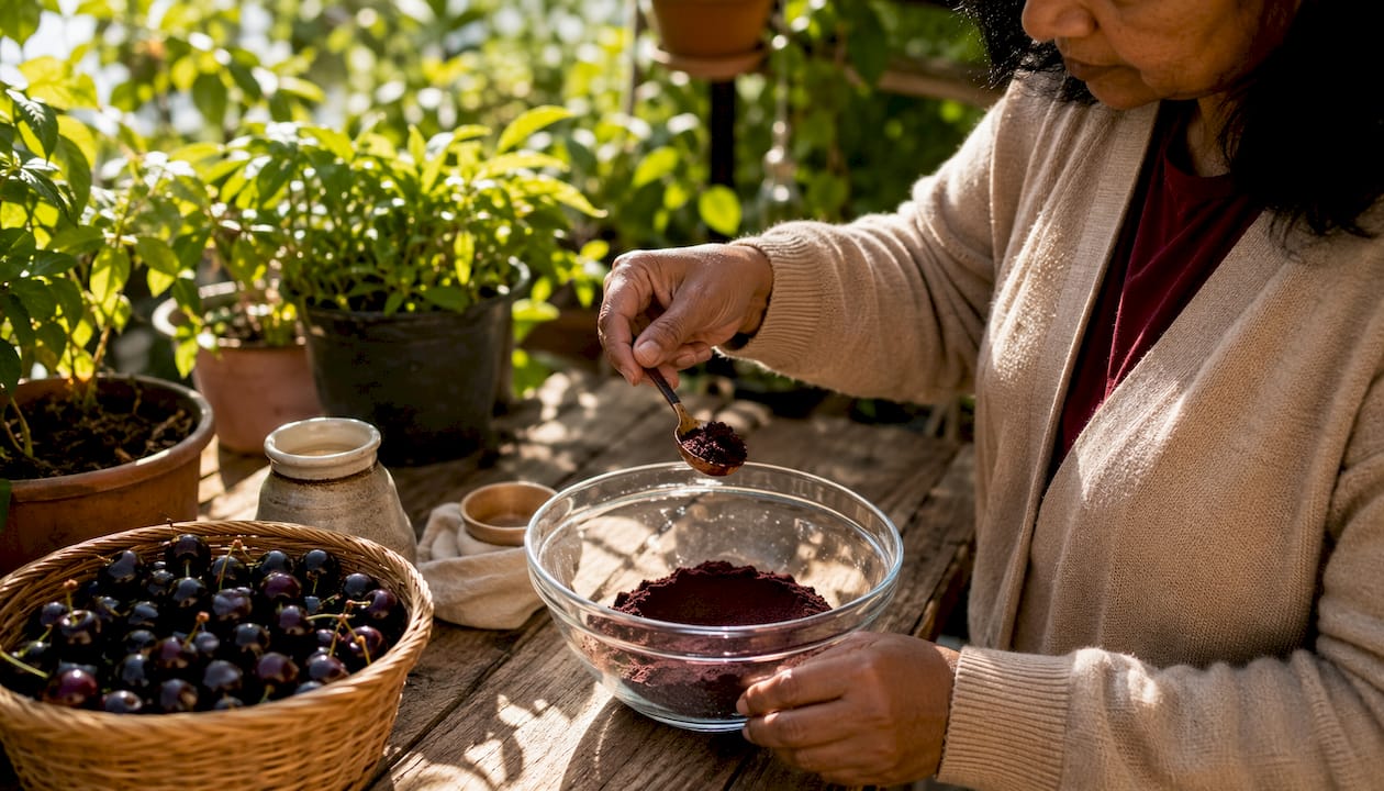 Person scooping natural black cherry fruit powder