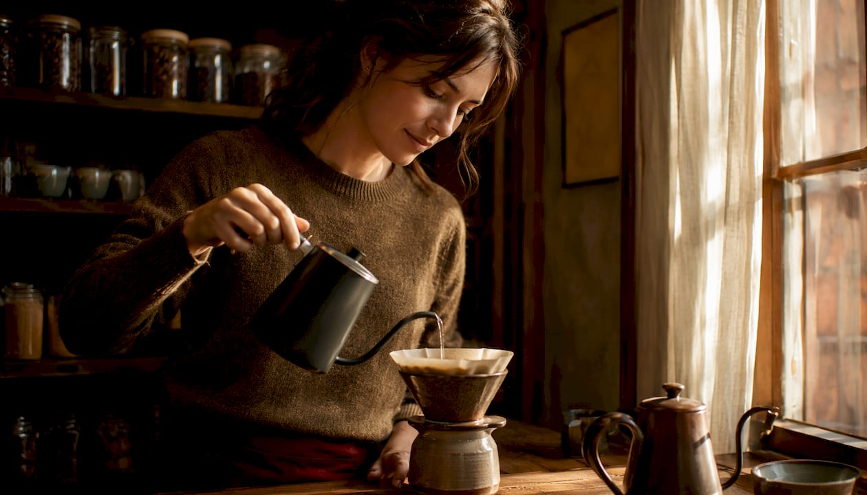 Woman brewing pour-over light roast coffee