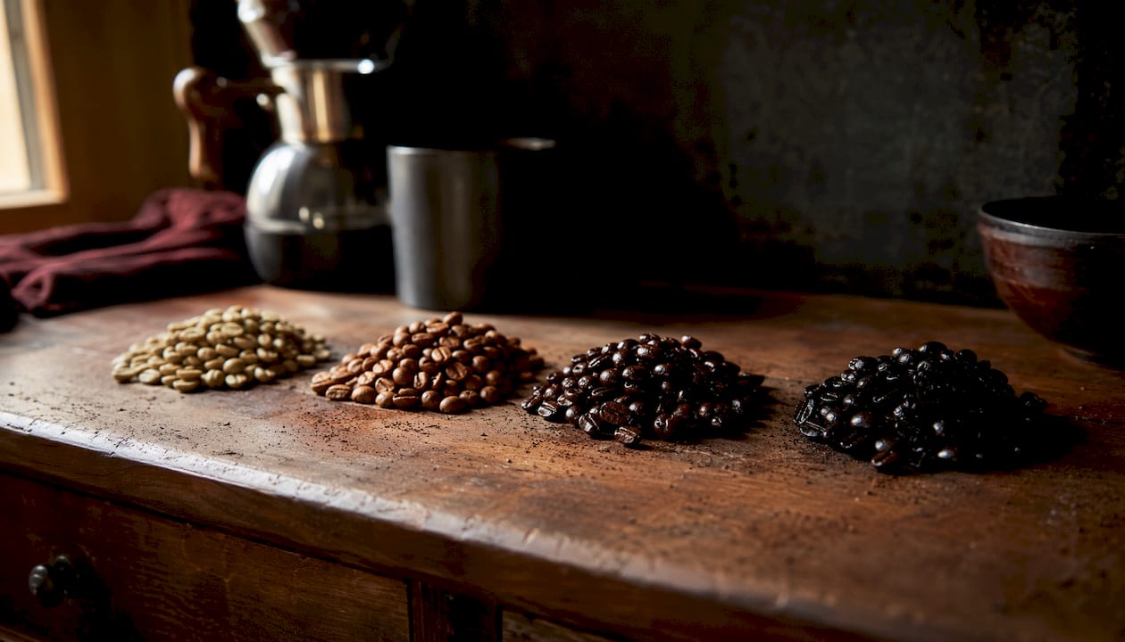 Close-up of coffee beans showing roast levels