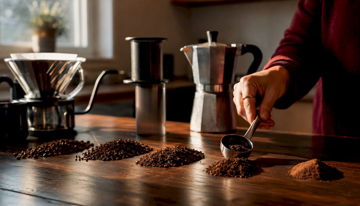 Varied coffee grind sizes and brewing devices