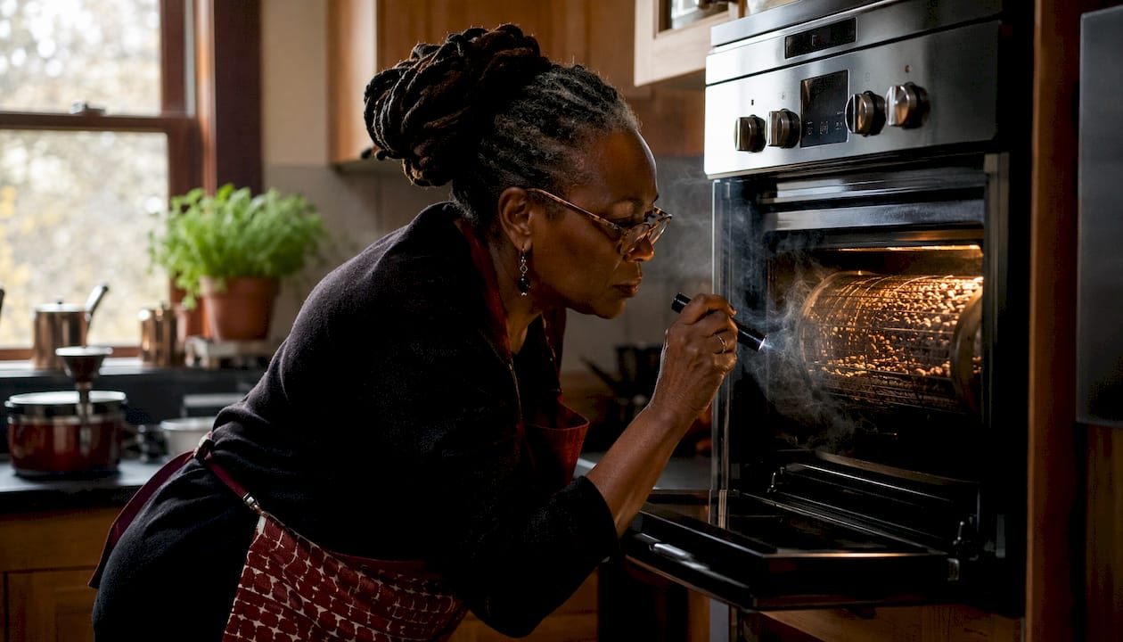 Woman venting smoke during rotisserie roasting