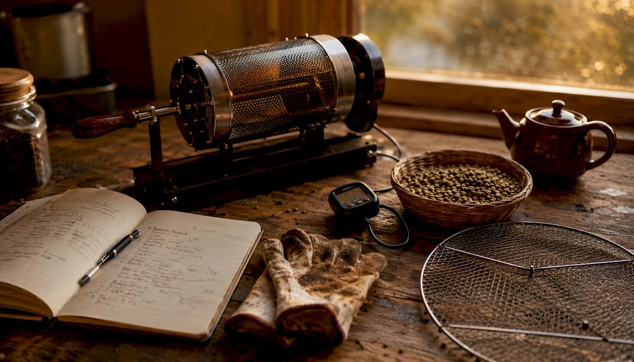 Overhead view of rotisserie coffee roasting tools