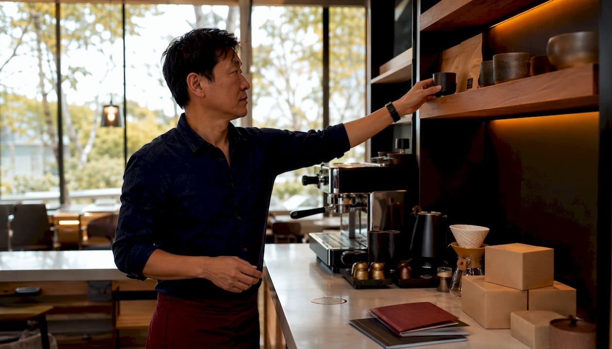 Man reaching for cup in dedicated coffee corner