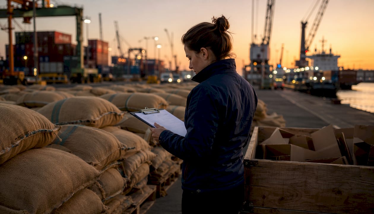 Coordinator reviewing coffee shipment at dock